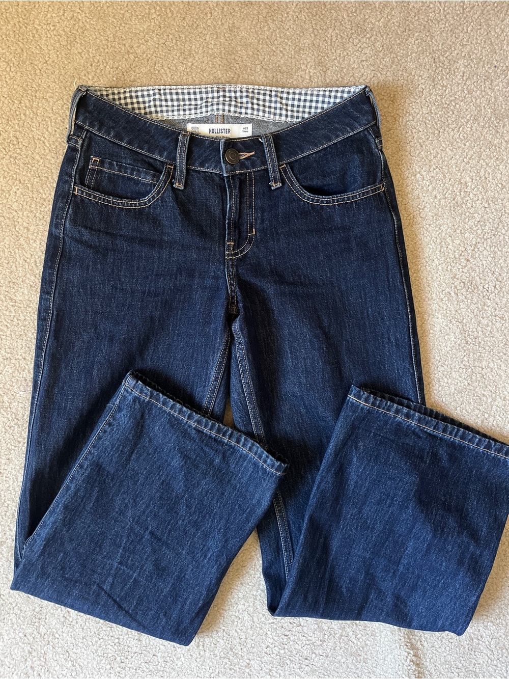 Hollister Dark Indigo Low Rise Baggy Jeans with Gingham Waistband